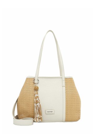 Krémová a béžová tkaná taška typu tote se dvěma rukojeťmi, odnímatelným popruhem a ozdobným třásněm visícím z kovového kroužku.
