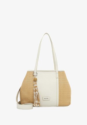 Krémová a béžová tkaná taška typu tote se dvěma rukojeťmi, odnímatelným popruhem a ozdobným třásněm visícím z kovového kroužku.
