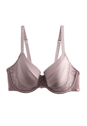 Mauve polstret bh med bøjle, justerbare stropper og blonde detaljer på sider og skåle, vist mod en hvid baggrund.