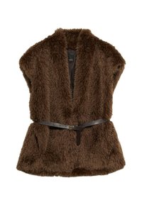 Bruine faux fur vest met een diepe V-hals, korte mouwen, zakken en een zwarte leren riem om te sluiten. Zachte, gestructureerde stof.