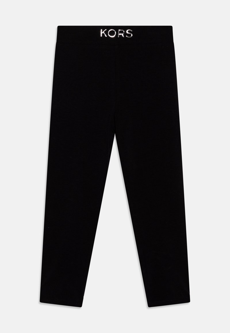 Black leggings made of stretchy fabric, featuring a smooth texture and a KORS logo embroidered on the waistband. No pockets or patterns.