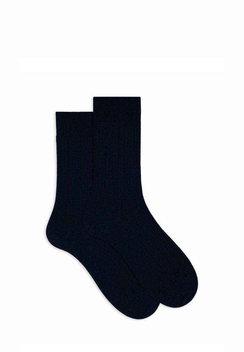 Navy ribbed socks made of a soft fabric, featuring a textured design, reinforced toe, and a comfortable cuff for fit.
