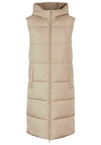 Bezrukávová péřová vesta v světle béžové barvě s kapucí, předním zipem, dvěma bočními kapsami a prošívanou texturou pro izolaci.