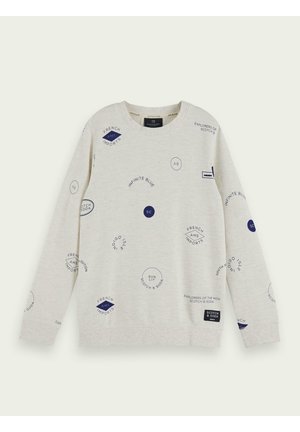 Hellgrauer Pullover mit langen Ärmeln, versehen mit blauen, kreisförmigen und ovalen Textmotiven. Gerippter Halsausschnitt und Bündchen, mit einem Stofflabel am Saum.