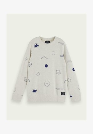 Hellgrauer Pullover mit langen Ärmeln, versehen mit blauen, kreisförmigen und ovalen Textmotiven. Gerippter Halsausschnitt und Bündchen, mit einem Stofflabel am Saum.