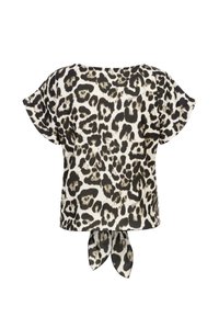 Top con stampa leopardata in bianco e nero, caratterizzato da maniche corte a sbuffo e un dettaglio annodato sul retro. Tessuto leggero con una texture morbida.