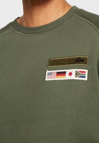 Felpa verde oliva con scollatura a costine. Presenta due toppe: una in tessuto scuro e l'altra che mostra le bandiere di Stati Uniti, Germania, Giappone e Sudafrica.