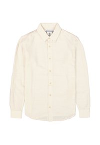 Camisa de manga larga en tejido color crema, con cuello puntiagudo, cierre de botones y una textura sutil, con dobladillo y puños redondeados.