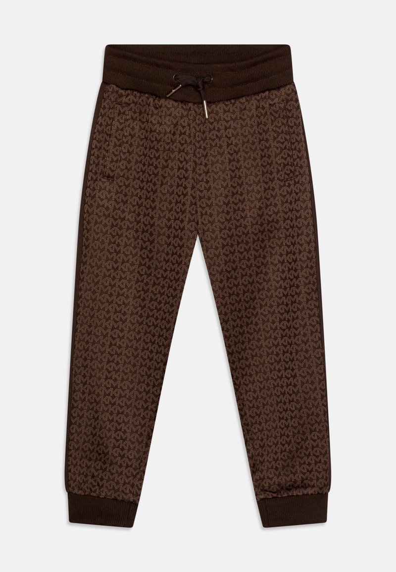 Pantalon de jogging marron à motifs avec taille côtelée, cordon, poches latérales et poignets côtelés.