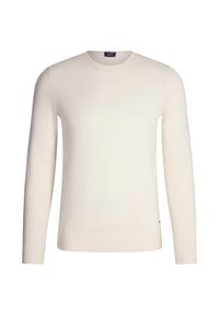 Maglione lavorato a maglia color crema con maniche lunghe, scollo rotondo e polsini a coste. Texture liscia, marchio minimalista sull'orlo.