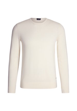 Cream-colored knit sweater with long sleeves, round neckline, and ribbed cuffs. Smooth texture, minimal branding at the hem.