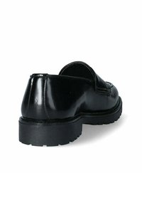 Scarpa nera in vernice con punta rotonda e suola in gomma spessa. Presenta una texture liscia e dettagli di cucitura minimi.