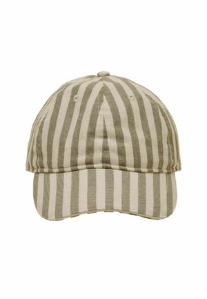 Beige und hellbraune Baseballkappe mit vertikalen Streifen, gebogenem Schirm und gesteppten Belüftungsösen.