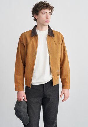 Barna cipzáras dzseki sötétebb gallérral, texturált anyagból készült. Fehér inggel és sötét farmerrel párosítva, fekete sapkát tartva.