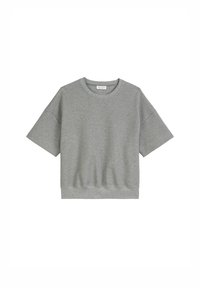 Gray short-sleeve sweatshirt made from soft material, featuring a round neckline, loose fit, and a ribbed hem at the waist.