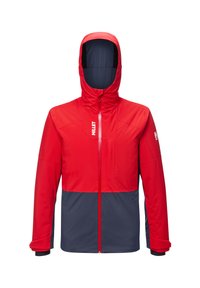 Rote und dunkelgraue Outdoor-Jacke mit Kapuze, Frontreißverschluss und weißem "Millet"-Logo auf der Brust und dem linken Ärmel.