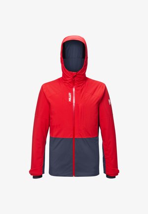 Veste d'extérieur rouge et gris foncé avec capuche, fermeture éclair à l'avant et logo "Millet" blanc sur la poitrine et la manche gauche.