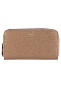 Tan leather wallet with a pebbled texture, featuring a zip closure and embossed logo on the front. Rectangular shape with smooth edges.