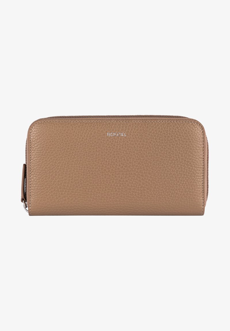 Tan leather wallet with a pebbled texture, featuring a zip closure and embossed logo on the front. Rectangular shape with smooth edges.