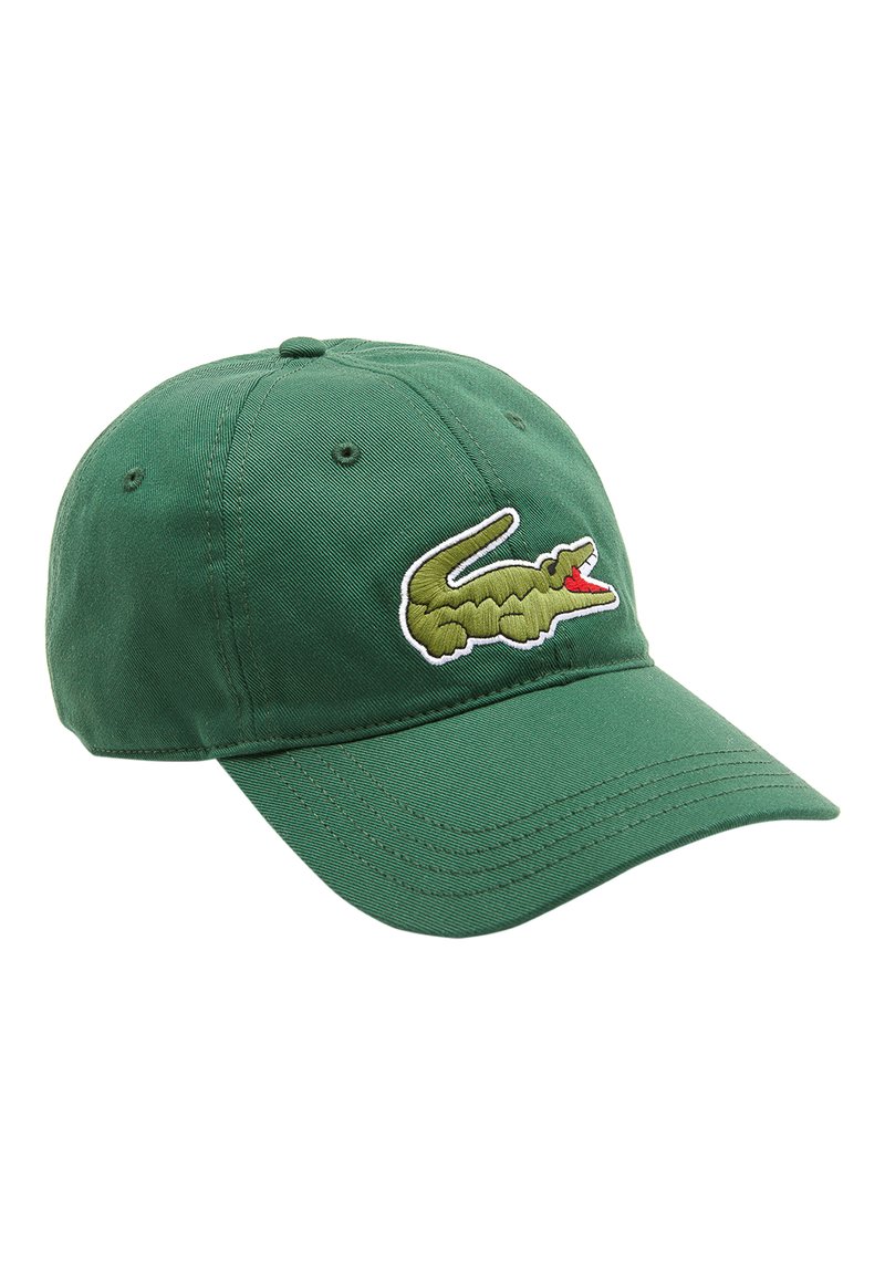 Cappellino da baseball in cotone verde con visiera curvata, dotato di un logo di coccodrillo verde con bocca rossa ricamato sul fronte.