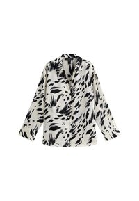 Langarmblouse van lichtgewicht stof met een zwart-wit abstract luipaardpatroon, met een knoopsluiting aan de voorkant en een kraag.