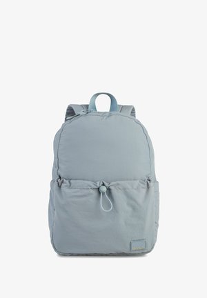 Light gray backpack with rounded shape, made of soft fabric. Features a top handle, adjustable straps, and a front pocket with drawstring detail.