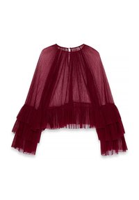 Bordeaux plooien cape met een gerimpelde onderrand, van doorschijnende stof en met een ronde halslijn. Lichtgewicht, valt elegant.