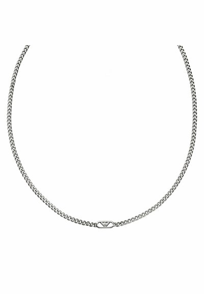 Silver metal chain necklace with interlocking links, featuring a central oval accent with a geometric design. Smooth texture throughout.