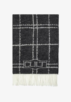 Coperta intrecciata a quadri nera e grigia con frange bianche. Presenta un logo centrato con la scritta "CULT" in un design a contrasto.