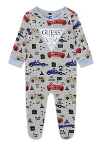 Grijze romper met lange mouwen, voorzien van kleurrijke autoprints, blauwe accenten en een wit driehoekig logo. Zacht katoenen materiaal, getailleerde pasvorm.