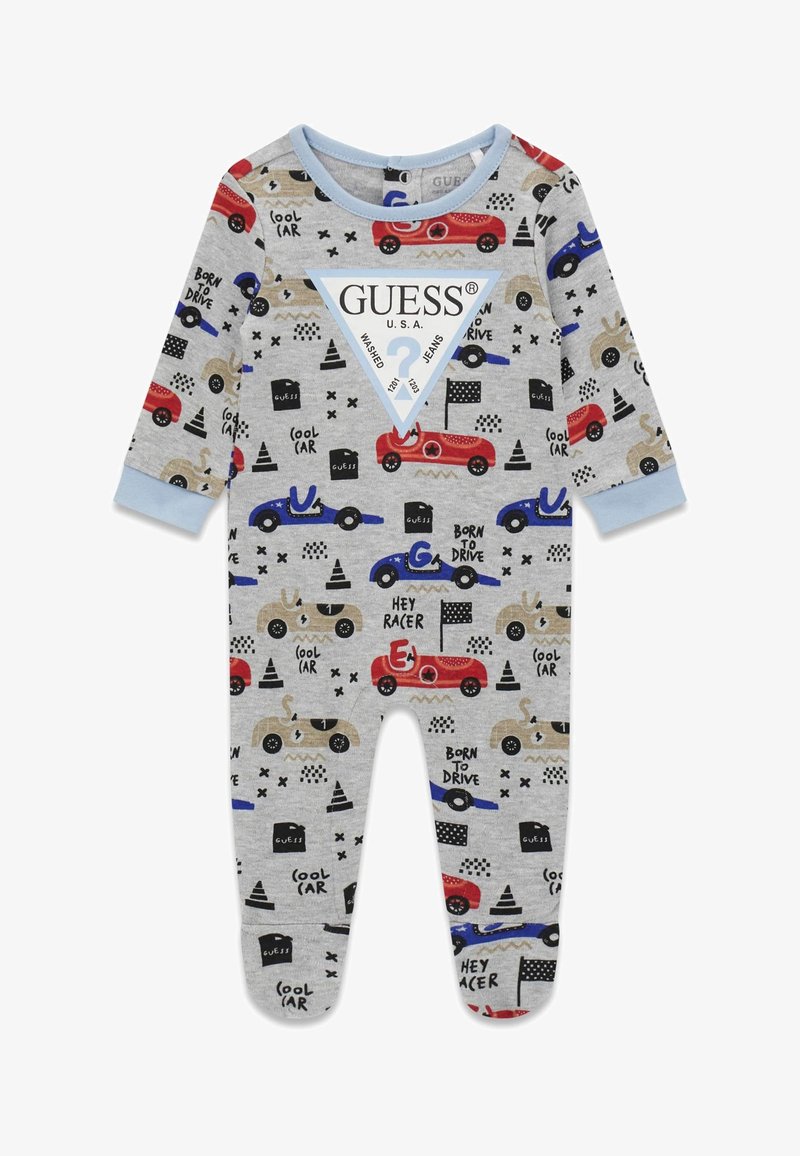 Grijze romper met lange mouwen, voorzien van kleurrijke autoprints, blauwe accenten en een wit driehoekig logo. Zacht katoenen materiaal, getailleerde pasvorm.