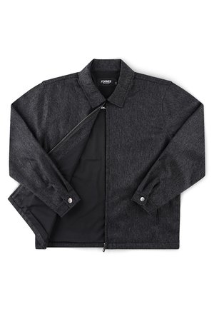 Veste zippée gris foncé avec col, manches longues, poignets boutonnés et doublure intérieure lisse partiellement dézippée pour montrer l'intérieur.