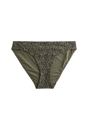 Bikinibund i olivengrøn med et sort abstrakt plettet mønster og glatte stofpaneler i siderne.