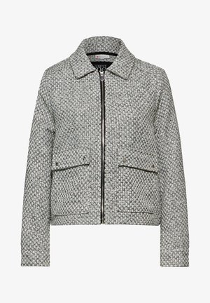 Texturierte graue und schwarze Jacke mit Kragen, Frontreißverschluss und zwei Brusttaschen; zeichnet sich durch ein gewebtes Muster und ein leicht verkürztes Design aus.