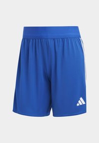 Blauwe sportshorts van soepel materiaal, met een brede elastische tailleband en witte zijstrepen met een driehoekig logo-accent.