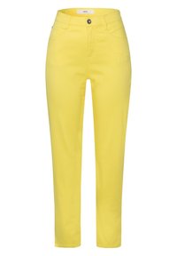 Pantalones amarillos brillantes de algodón, con un corte recto, diseño clásico de cinco bolsillos y cierre con botón metálico en la cintura.