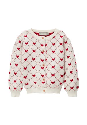 Cardigan crème avec motifs en forme de cœur rouge et formes losanges. Présente un col rond et une fermeture boutonnée sur le devant, avec des poignets et un ourlet côtelés.