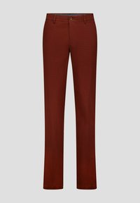 Rode katoenen broek met een recht model, knoopsluiting en riemlussen. Gladde textuur zonder zichtbare patronen of accenten.