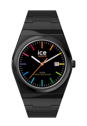 Čierne náramkové hodinky s viacfarebnými hodinovými značkami, bielymi ručičkami, oranžovou sekundovou ručičkou, zobrazením dátumu na 3. hodine a logom „ice watch“ na ciferníku.