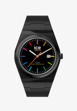 Crni ručni sat s višebojnim oznakama sati, bijelim kazaljkama, narančastom sekundnom kazaljkom, prikazom datuma u 3 sata i logotipom "ice watch" na brojčaniku.