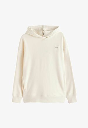 Cremefarvet hættetrøje, blødt stof, afslappet pasform, der har sidelommer og et diskret broderet logo på brystet.
