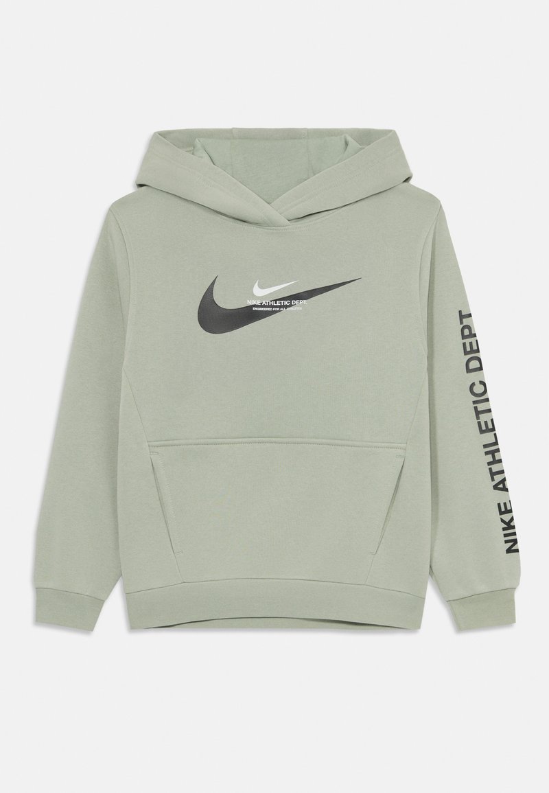Ljust grön hoodie i bomullsblandning; har en stor svart Nike-logga, justerbar huva, känguruficka och texten "NIKE ATHLETIC DEPT" på ärmen.