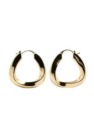 Paire de boucles d'oreilles créoles épaisses ton or brillant avec une forme triangulaire arrondie irrégulière et des fermoirs à charnière.