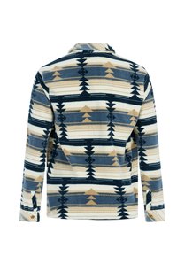 Lange mouw fleece jack met blauw, beige en witte geometrische tribale patronen, weergegeven vanaf de achterkant met knopen op de manchetten.