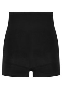 Shorts modellanti neri a vita alta, realizzati in tessuto elastico con una texture liscia e cuciture piatte per maggiore comfort e supporto.