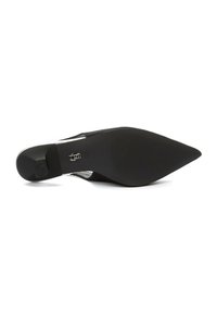 Black high-heeled shoe with a pointed toe, smooth leather upper, textured rubber sole, and subtle logo detail near the heel.