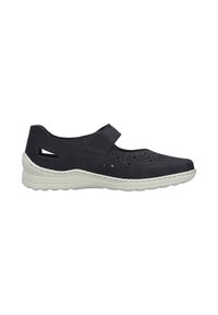 Dunkelblaue Schuhe mit durchlöchertem Design, Klettverschluss und hellgrauer gepolsterter Sohle. Verfügt über Aussparungen für Atmungsaktivität.