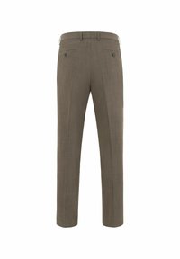 Braune, maßgeschneiderte Hose aus glattem, strukturiertem Stoff, mit zwei Gesäßtaschen mit Knöpfen und geradem Schnitt.