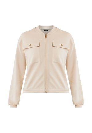 Beige zip-up sweatshirt met twee borstzakken, gouden hardware, geribbelde manchetten en een ronde halslijn. Soepele textuur en casual pasvorm.