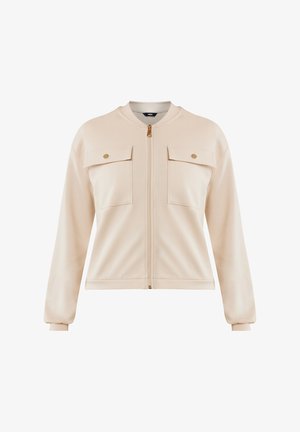 Beige zip-up sweatshirt met twee borstzakken, gouden hardware, geribbelde manchetten en een ronde halslijn. Soepele textuur en casual pasvorm.
